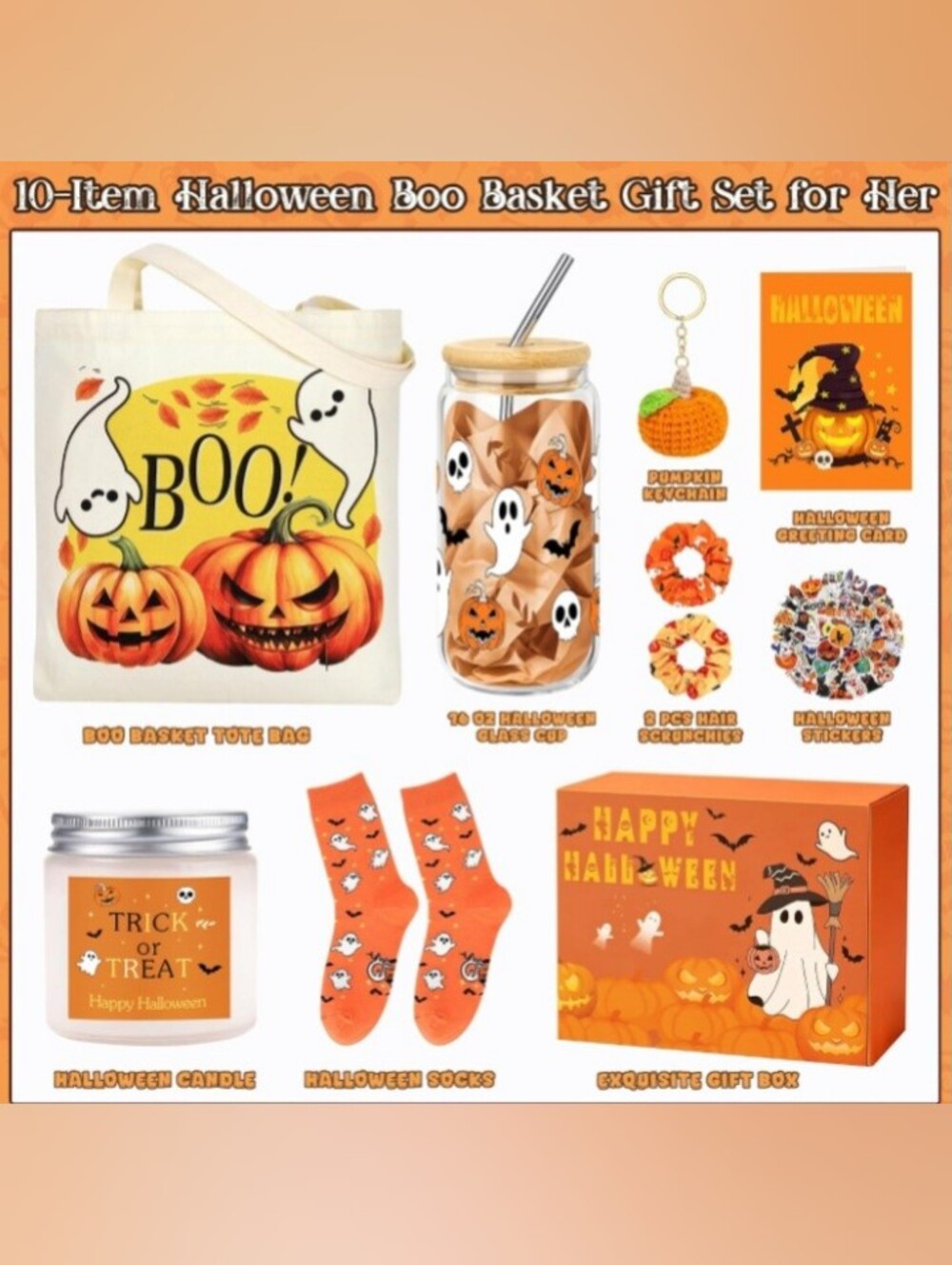10-Piece Halloween Boo Basket Gift Set for Her Ghost Pumpkin New - Picture 3 of 7